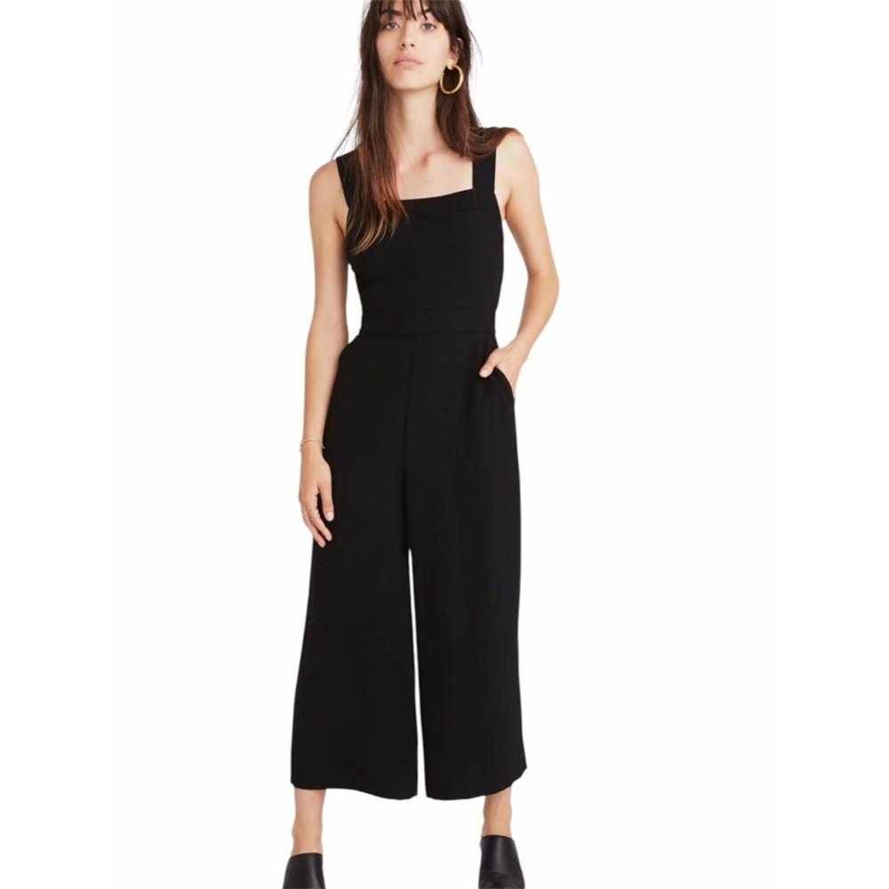 Madewell Apron Bow-Back Jumpsuit Women 0 Black Sleeveless Wide Leg G2195‎